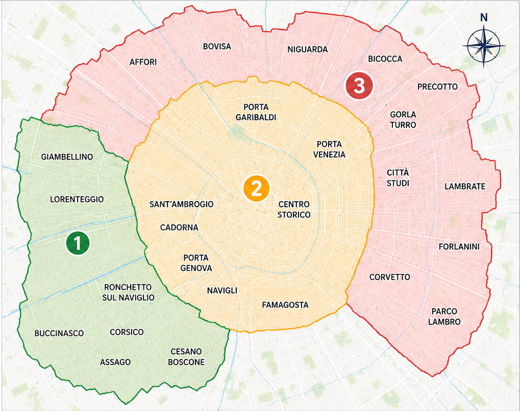 Mappa delle zone di intervento a domicilio, suddivise in tre fasce