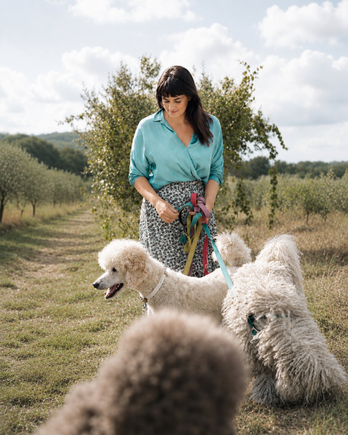 Raffaella Gallo in campagna con i suoi barboni al guinzaglio